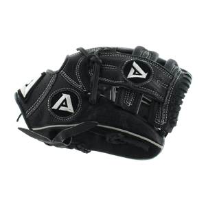 Side view of a black baseball glove with white stitching and a white A logo.