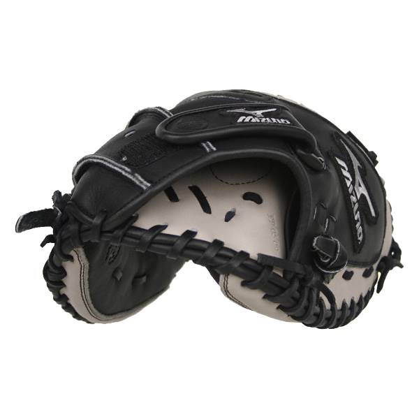 Side view of a black Mizuno catchers mitt with white stitching and a tan interior.