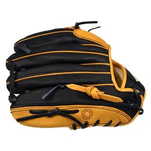 Side view of a black and tan baseball glove with orange stitching and a China Hand Crafted emblem.