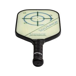 Top-down view of a cream pickleball paddle with a target design, Maverick text, and black grip.