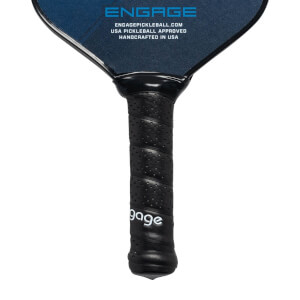 Close-up of a black pickleball paddle grip with a perforated texture and gage logo.