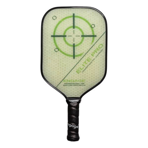 Front view of a white pickleball paddle with a green target design, ELITE PRO text, and a black grip.