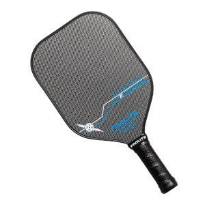 Top-down view of a black pickleball paddle with a textured surface, blue PROLITE branding, and a black grip.