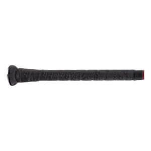 Close-up of the handle featuring a black knob and textured grip tape with an embossed repeating logo pattern next to a small portion of the red barrel.