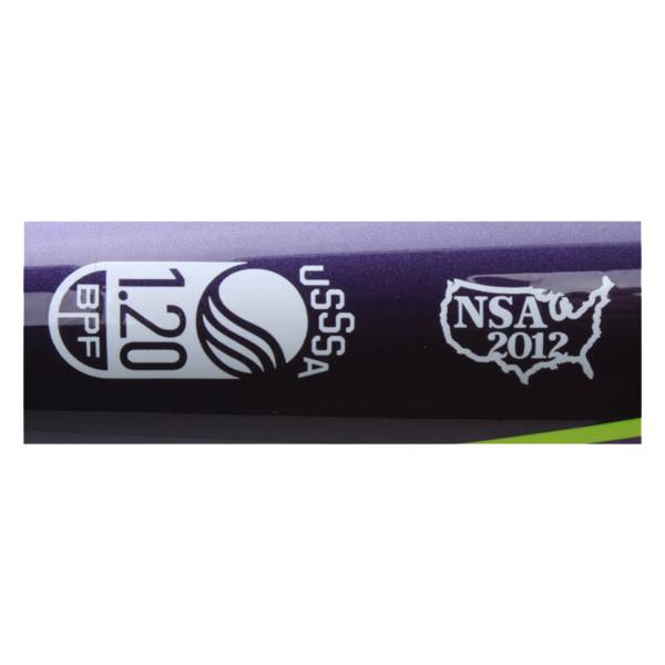 Close-up of a purple softball bat with BPF 1.20, USSSA, and NSA 2012 logos.