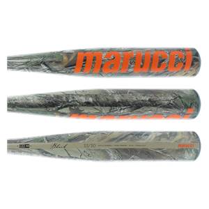 Three views of a camouflage Marucci baseball bat with orange Marucci branding and Black OPS text.