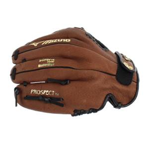 Side view of a brown youth baseball glove with Mizuno and PROSPECT branding.