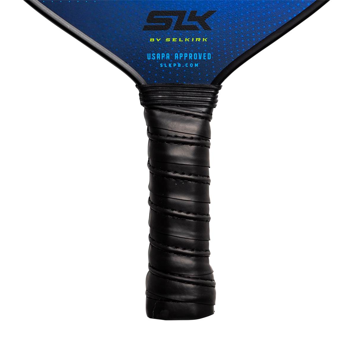 Close-up of a black pickleball paddle grip with SLK branding and USAPA APPROVED text.