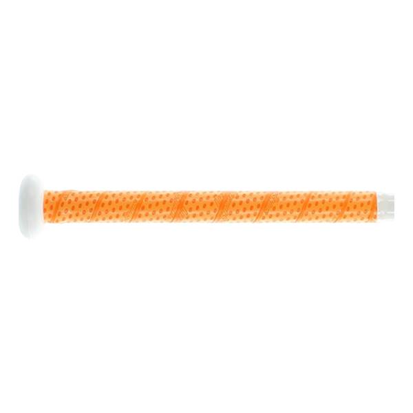 Side view of a white and orange baseball bat with a perforated orange grip.