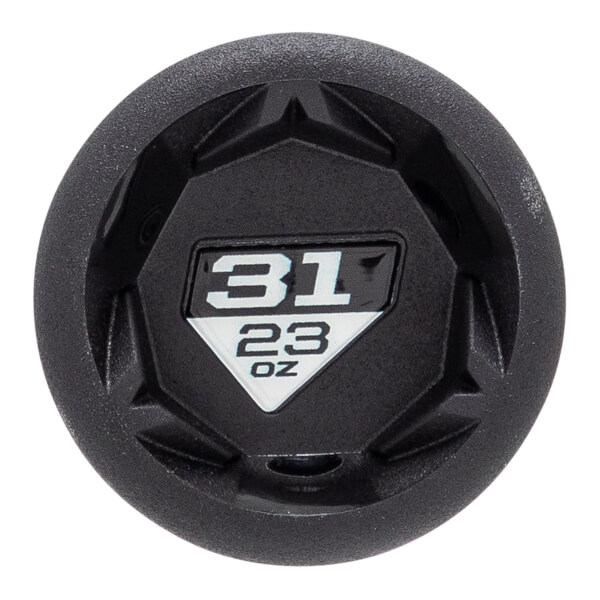 Top-down view of a black baseball bat with a textured end cap and a white diamond logo showing 31 23 OZ.
