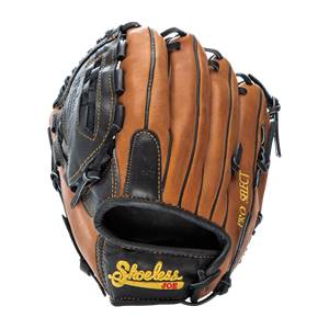Front view of a brown and black baseball glove with Shoeless Joe and PRO SELECT text.