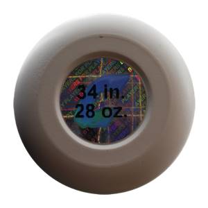 End view of a beige softball bat with 34 in. 28 oz. and holographic BY PLAYERS FOR PLAYERS sticker.