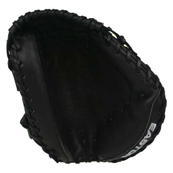 Top-down view of a black catchers mitt with white EASTON text and braided lacing.