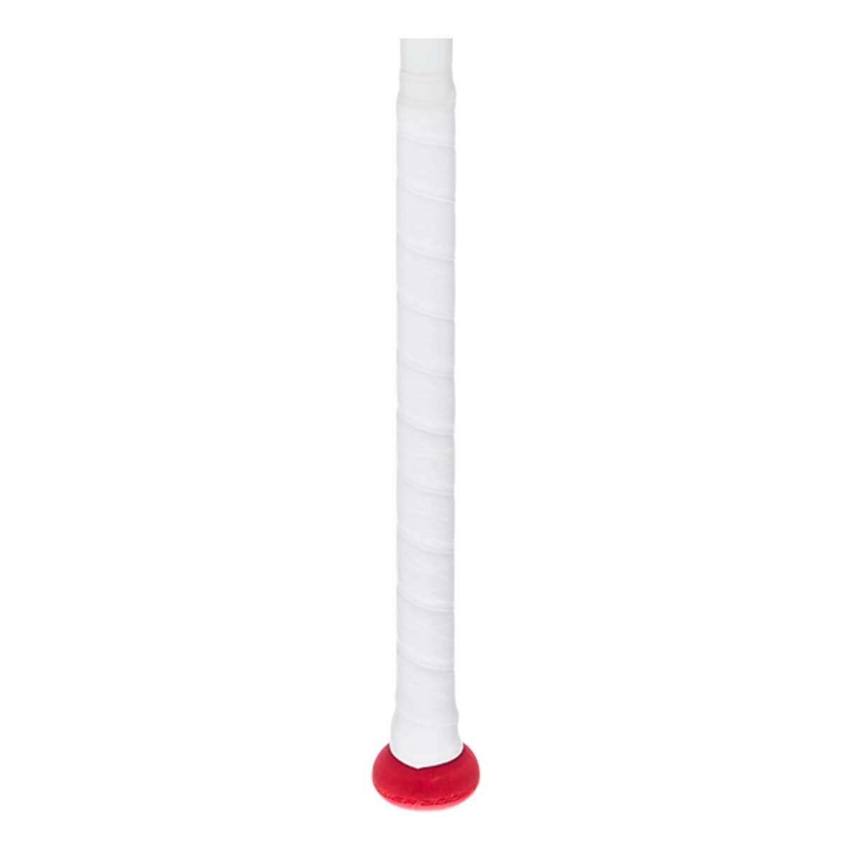 Close-up of a white softball bat grip with a red end cap.
