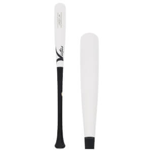 Front view of a white and black baseball bat with a white barrel, black handle, Victus logo, and a separate white barrel end.
