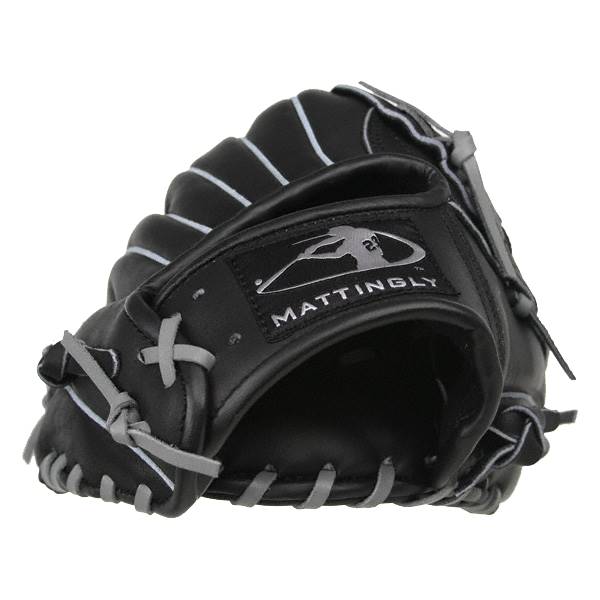 Front view of a black baseball glove with white stitching and a Mattingly logo.