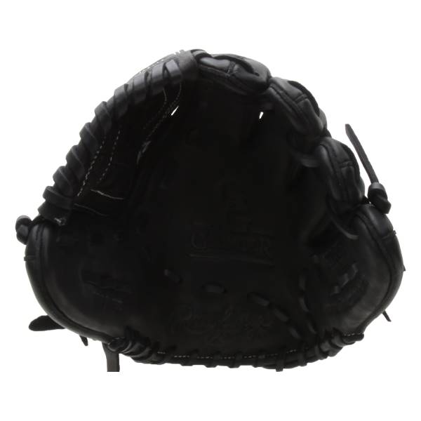 Front view of a black baseball glove with white stitching and a visible R logo.