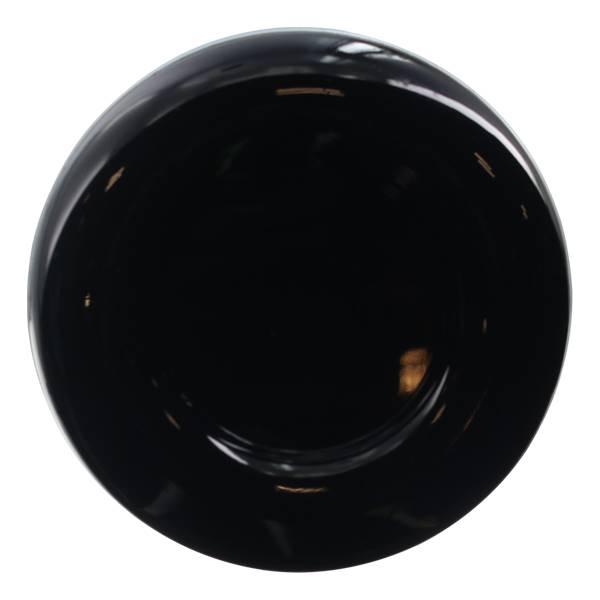 Top-down view of a black softball bat end cap with a smooth, glossy finish.