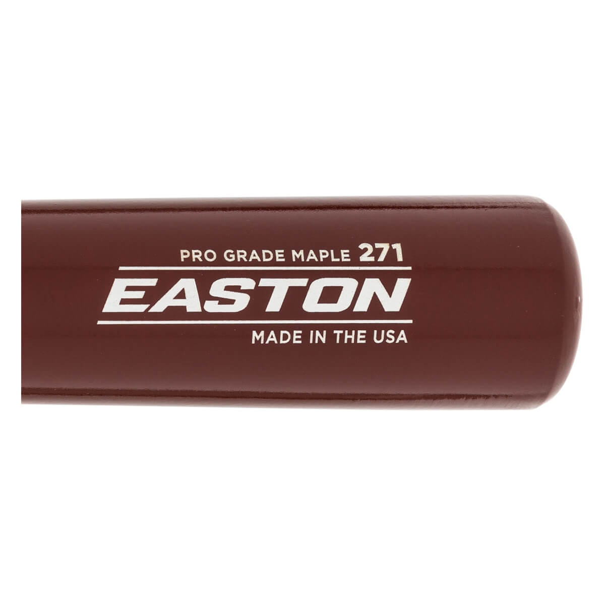 Side view of a brown Easton baseball bat with PRO GRADE MAPLE 271 and MADE IN THE USA text.