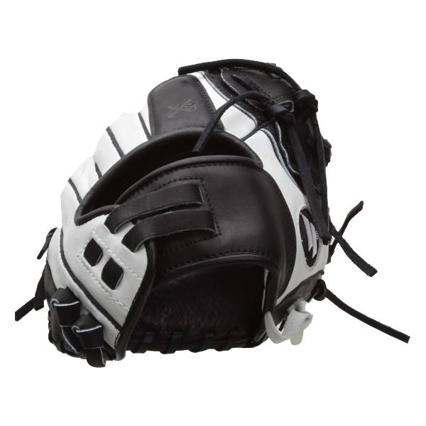 Side view of a black and white softball glove with a stitched palm and lacing detail.