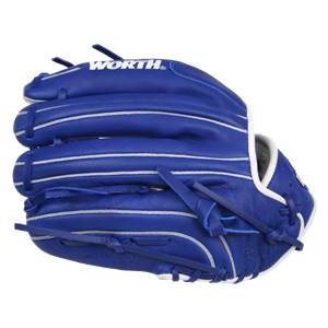 Top-down view of a royal blue baseball glove with white stitching and WORTH branding.