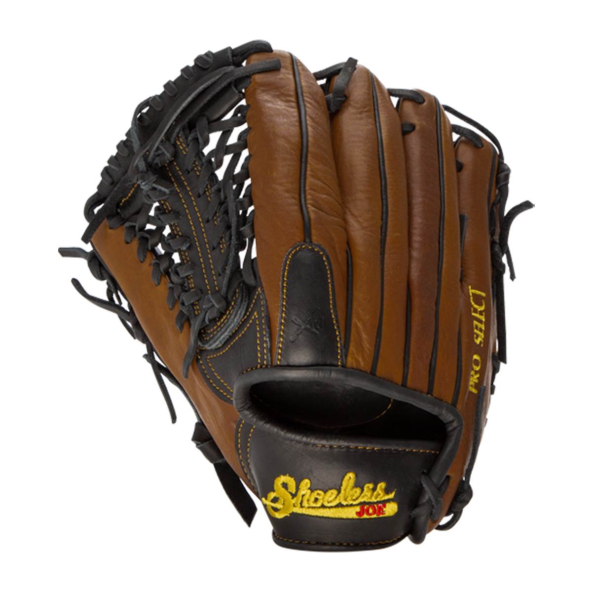 Front view of a brown and black baseball glove with Shoeless Joe and PRO SELECT text.