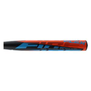 Side view of an orange and blue Easton Fire Flex bat with FIRE FLEX text.