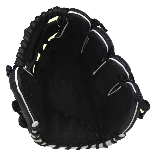 Top-down view of a black baseball glove with white lacing and embossed Easton logo.