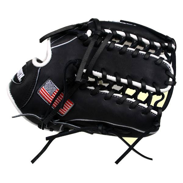 Side view of a black baseball glove with white lacing and two American flag patches.