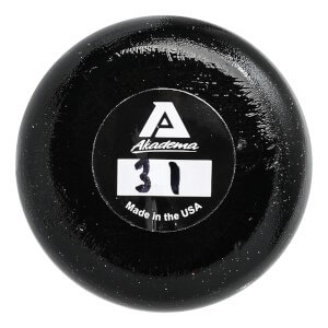 Top-down view of a black baseball bat with Akadema logo and 31 size marking.