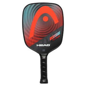 Front view of a black pickleball paddle with a large orange HEAD logo and GRAVITY TOURLH text.