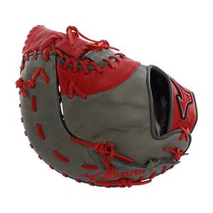 Side view of a smoke and red first base mitt with red lacing and a Mizuno logo.