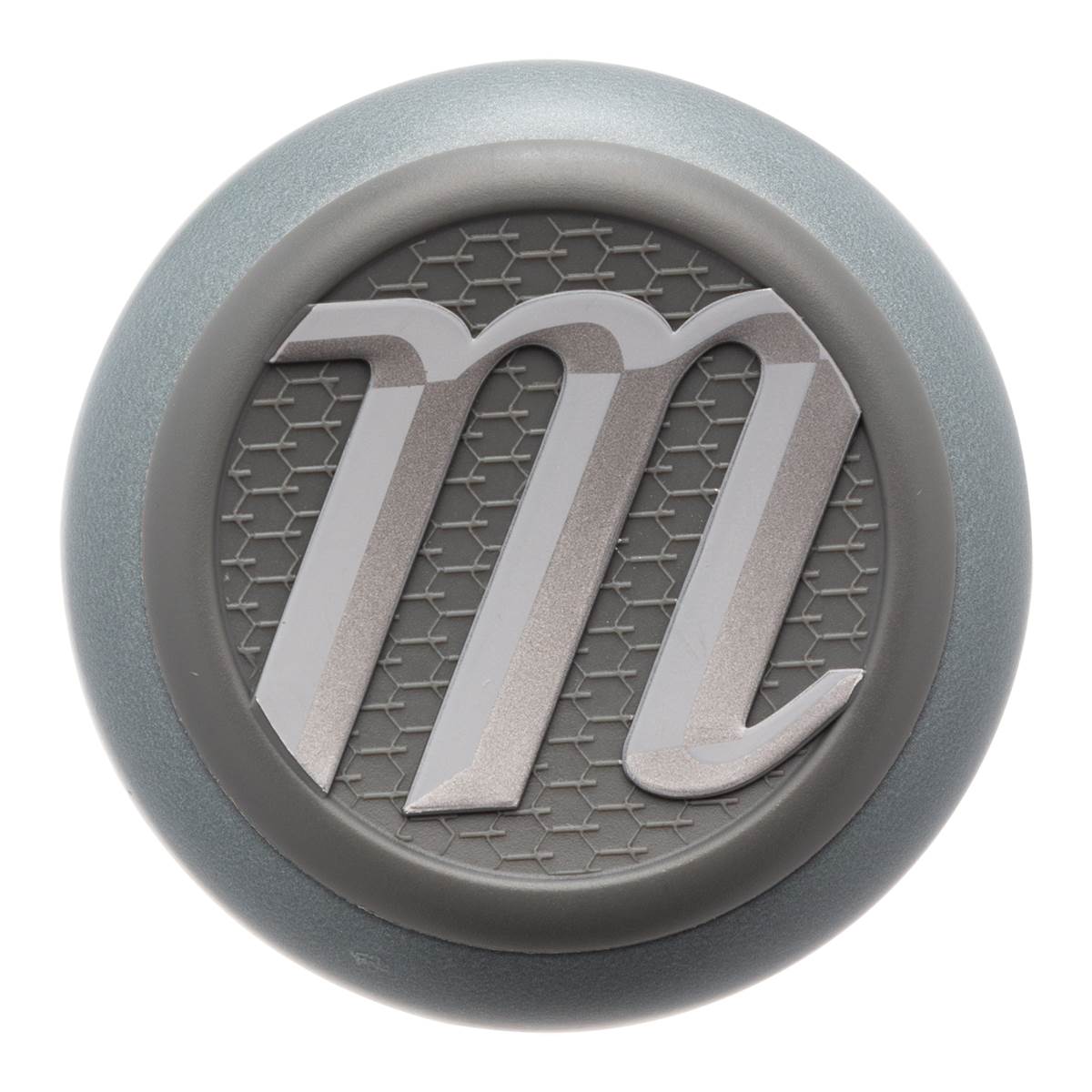 Top-down view of a gray baseball bat end cap with a silver m logo and honeycomb pattern.