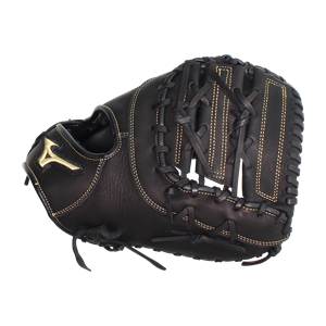 Side view of a black baseball mitt with gold stitching and a gold Mizuno logo.