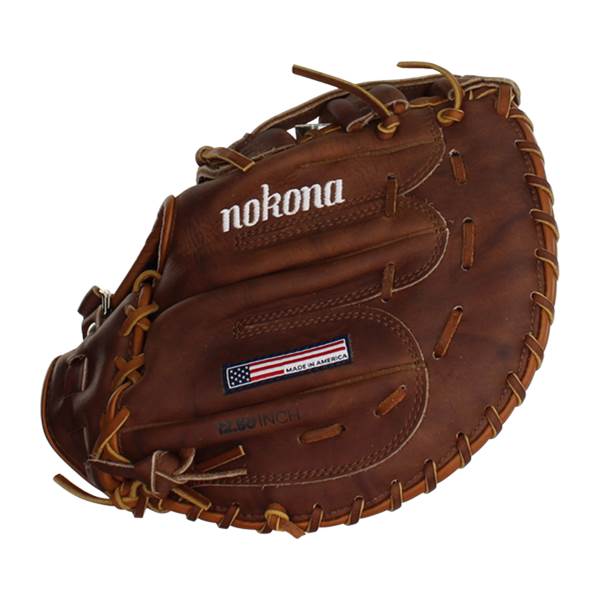Front view of a brown baseball glove with nokona branding and a Made in America patch.