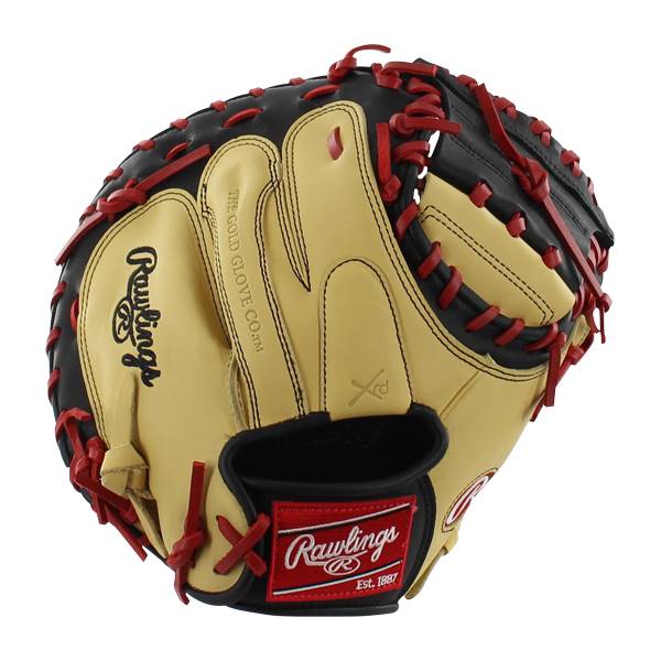 Front view of a tan and black catchers mitt with red lacing and Rawlings branding.