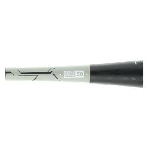 Side view of a grey baseball bat with BBCOR CERTIFIED .50 and black grip texture.