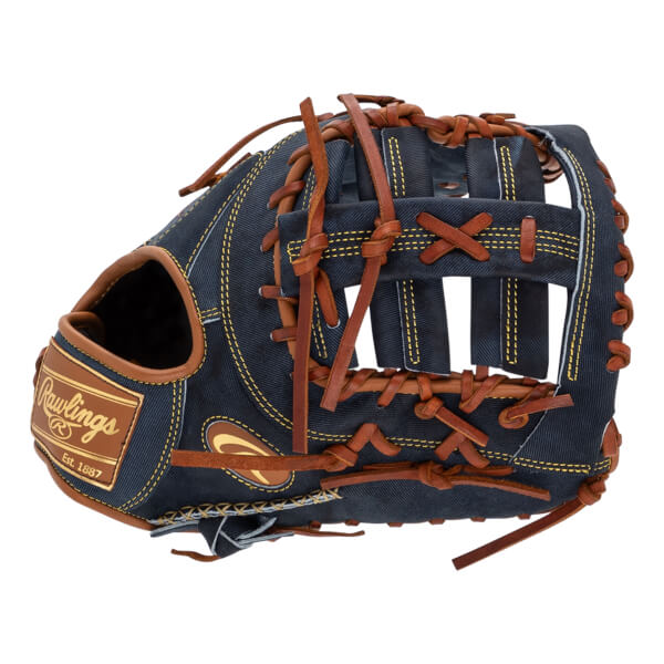 Front view of a blue denim baseball glove with brown leather lacing and Rawlings branding.