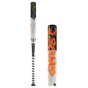 Side view of a white fastpitch softball bat with orange Ghost text and black grip.