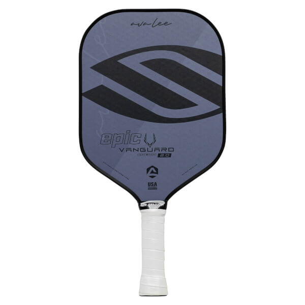 Front view of a grey pickleball paddle with black S graphic, epic VANGUARD 2.0 text, and white grip.