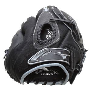 Front view of a black softball glove with Shock and PowerLock branding.