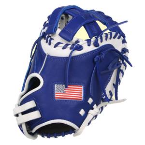 Front view of a royal blue catchers mitt with white lacing and an American flag patch.