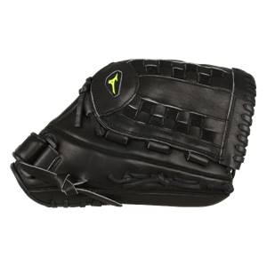 Side view of a black baseball glove with a yellow Mizuno logo and woven webbing.