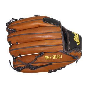 Side view of a brown baseball glove with PRO SELECT text and black accents.