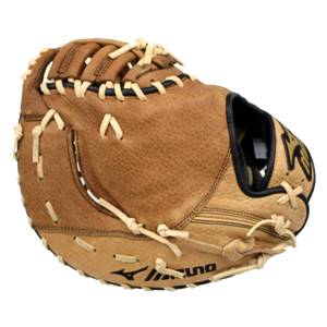 Side view of a brown baseball mitt with tan lacing and black Mizuno branding.