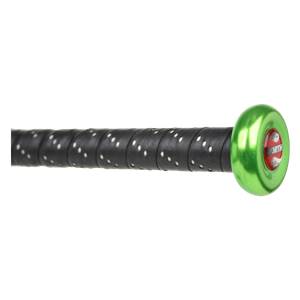 Side view of a green softball bat with a black perforated grip and a circular end cap.