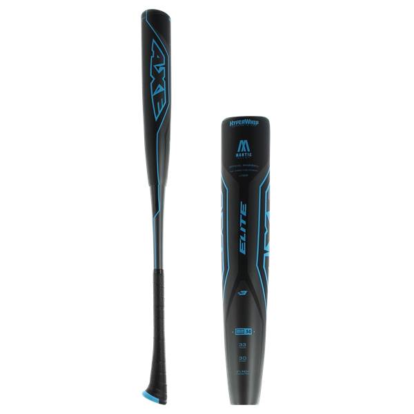 Side view of a black Axe Elite baseball bat with blue accents and HYPERWHIP text.