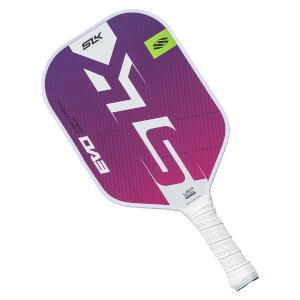 Top-down view of a purple and white pickleball paddle with large white SLK logo and EVO CONTROL MAX text.