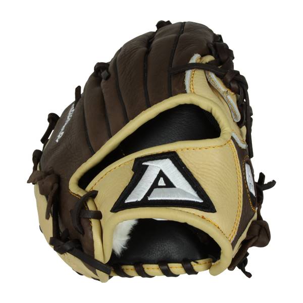 Front view of a brown and tan baseball glove with a white A logo and black lacing.