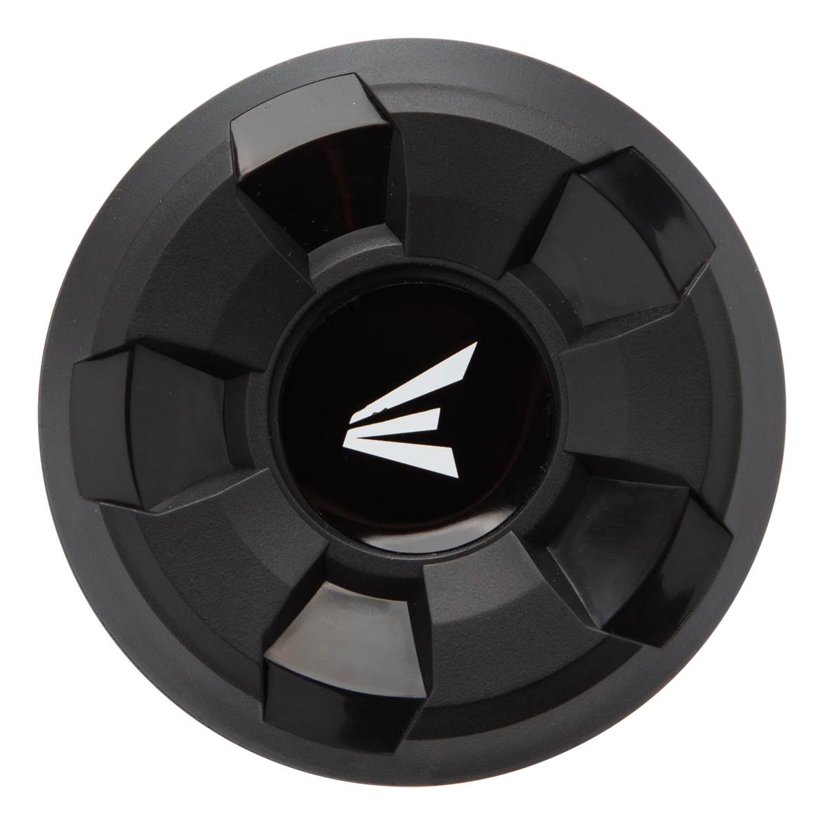 Top-down view of a black baseball bat end cap with the white Easton logo.